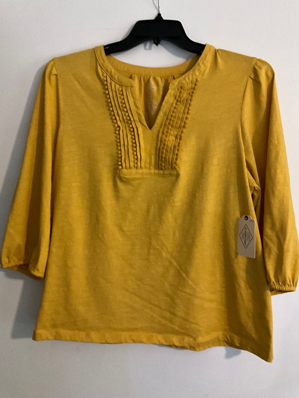 St. John's Bay women's split crew neck blouse in a yellow mustard color